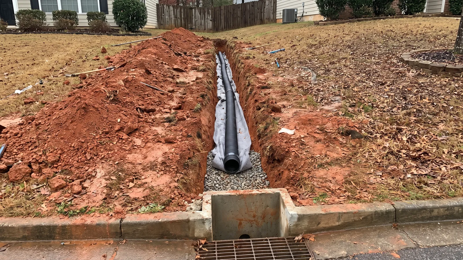 A trench dug across a sloping backyard of red Alabama clay with perforated pipe wrapped in fabric laid on gravel, leading toward a catch basin by the curb