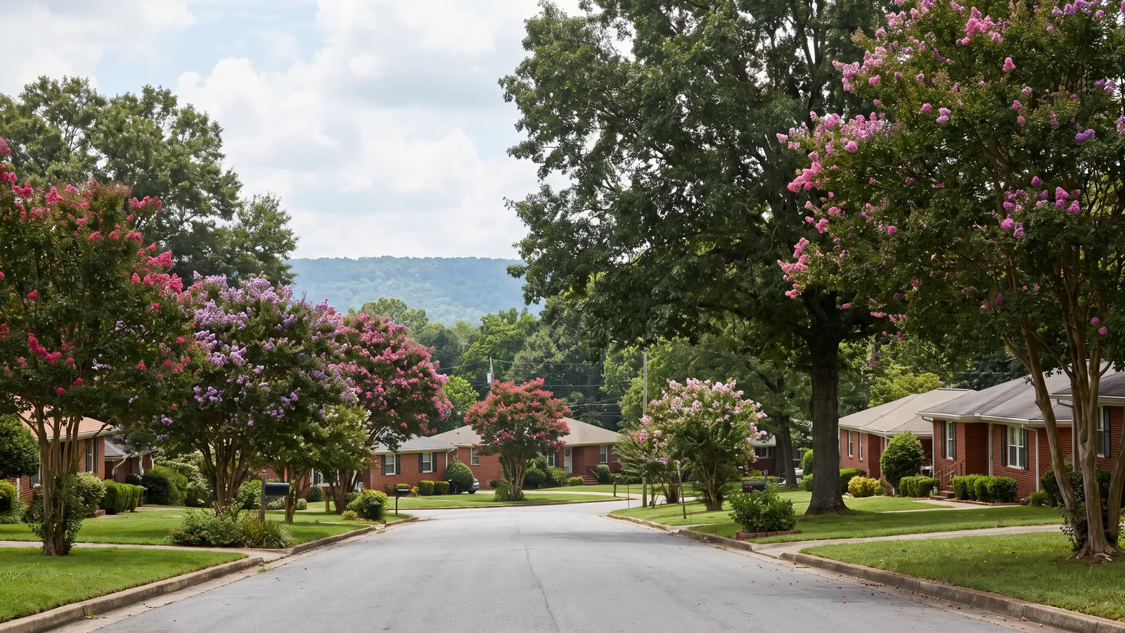 Quiet residential street in Huntsville, Alabama lined with one-story red-brick ranch homes, mature oaks and crepe myrtles, Monte Sano ridge hazy in the distance