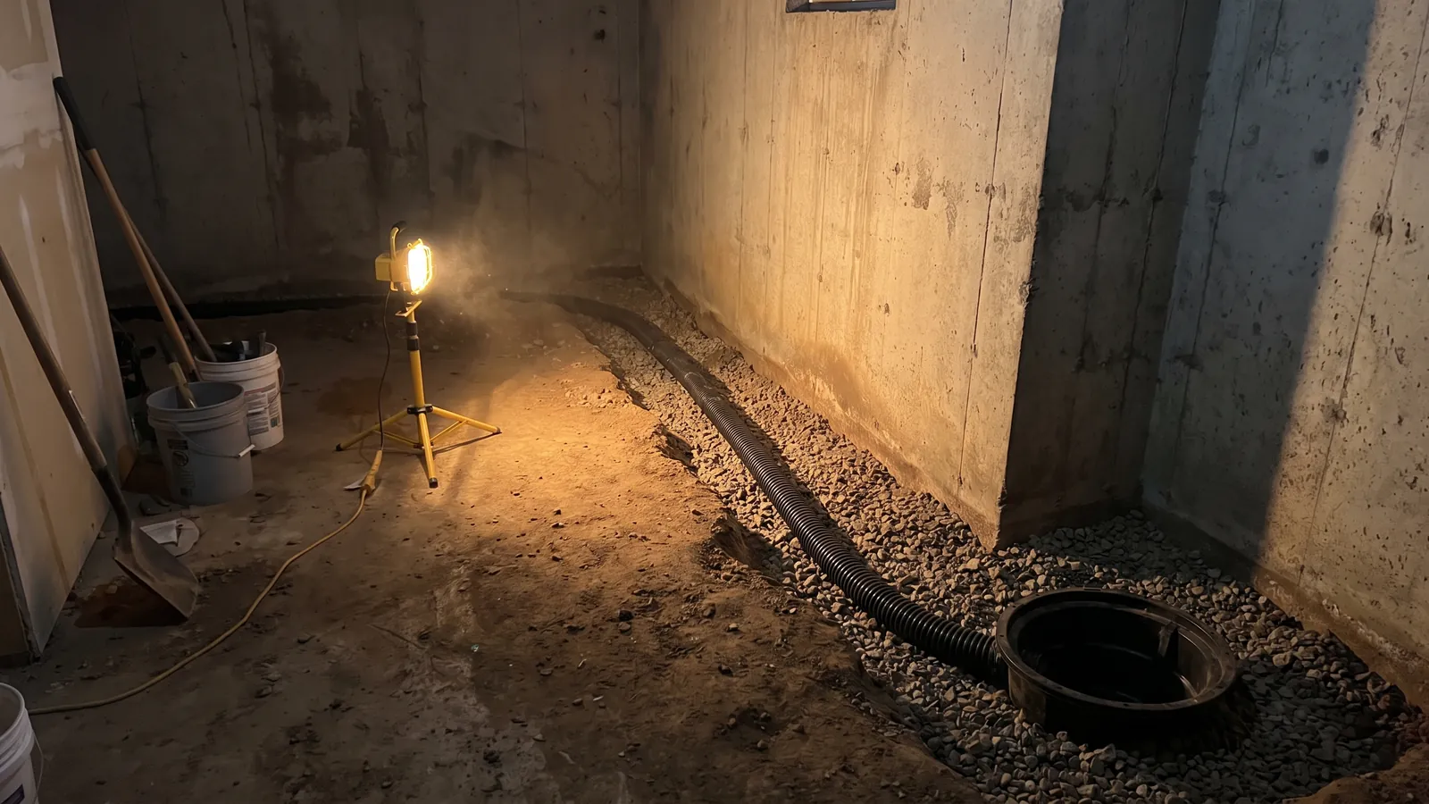 Trench cut along the inside base of a poured-concrete basement wall with perforated drain pipe laid in gravel, a sump basin at the far end, in an unfinished North Alabama basement