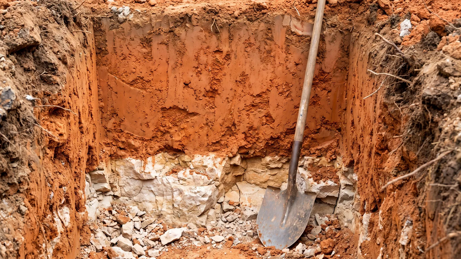 Fresh excavation wall showing a thick layer of red-orange clay over pale fractured limestone, a shovel standing in the cut, typical of the soils under Madison County, Alabama homes