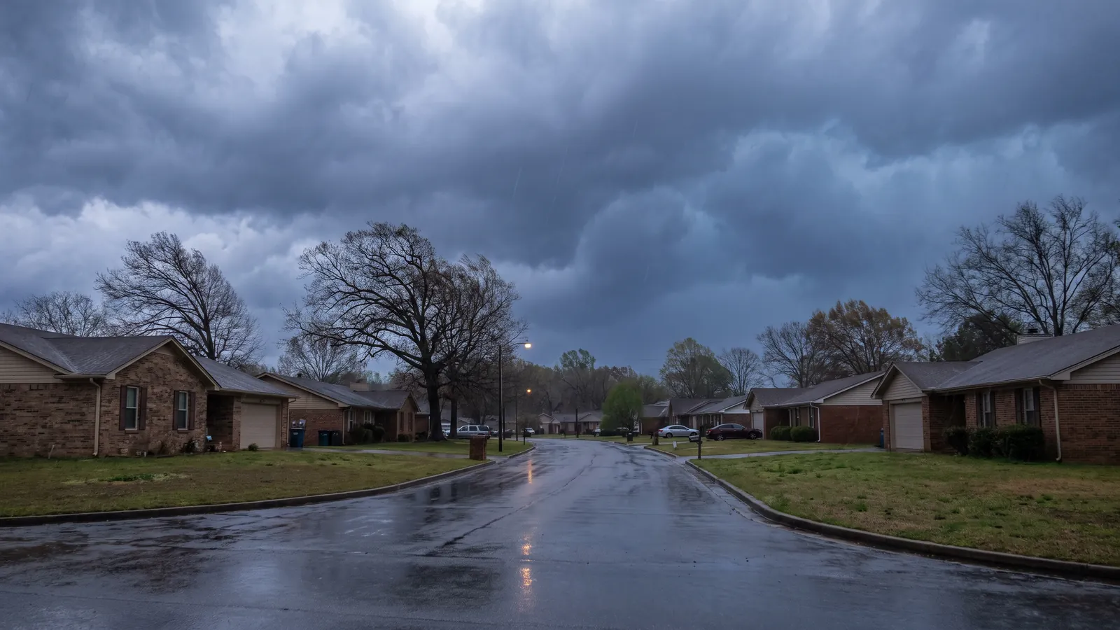 Low dark spring storm clouds moving over a street of 1980s brick homes in a Huntsville, Alabama subdivision, wet pavement and bending hardwoods